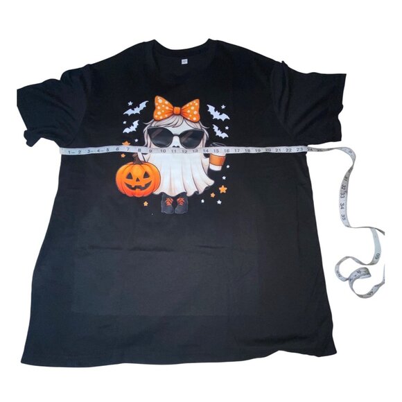 Halloween Ghost Graphic T-Shirt Black With Pumpkin & Coffee Design XL Unisex Cot - Picture 3 of 5